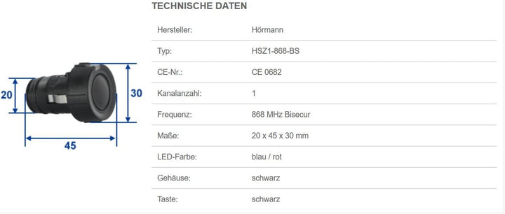 Hörmann Handsender HSZ1 868-BS, praktischer 1-Tasten-Garagentoröffner, Funkfernbedienung mit BiSecur