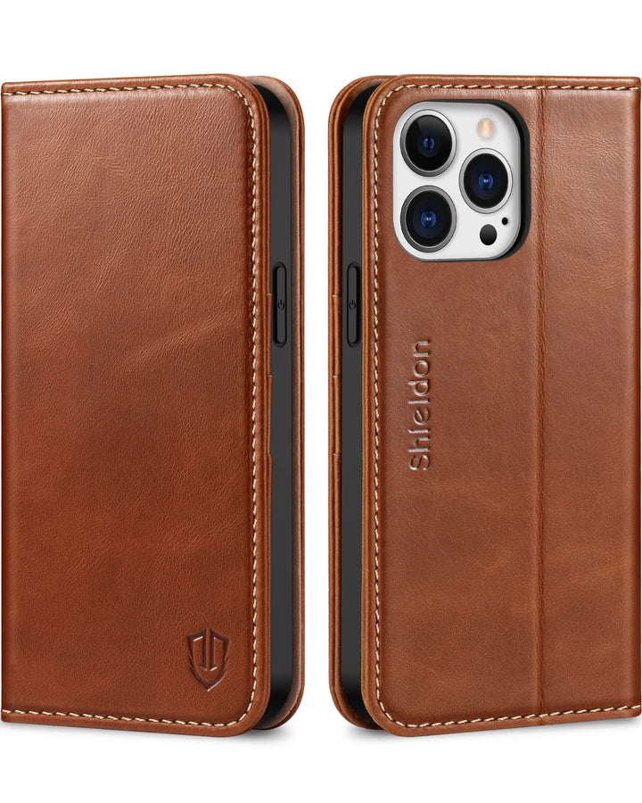 SHIELDON Hülle für iPhone 13 Pro Max Handyhülle TPU [Echtleder] [Kartenfach] [Magnet] [Standfunktion