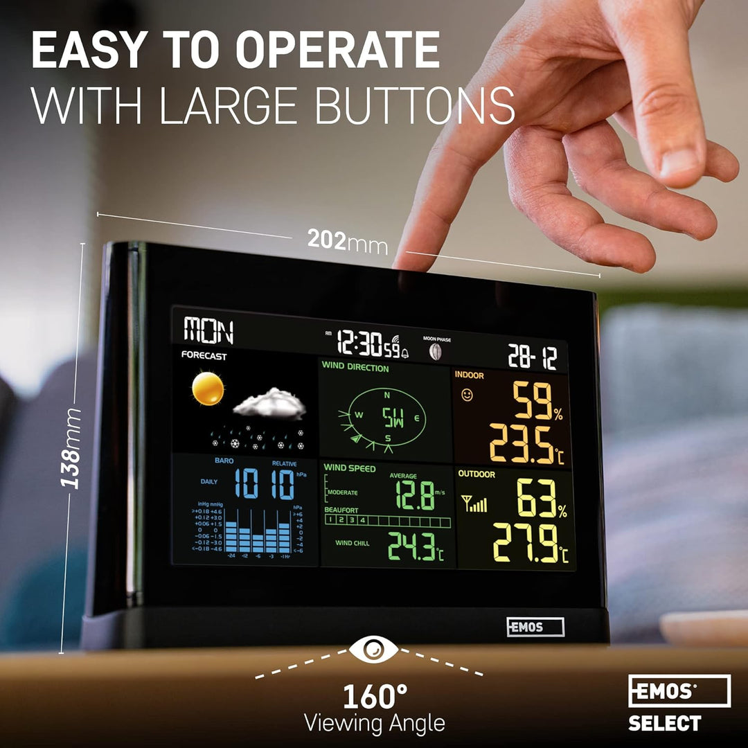 EMOS Wetterstation mit Windmesser und Regenmesser- System mit Farbdisplay, zur Wettervorhersage, für