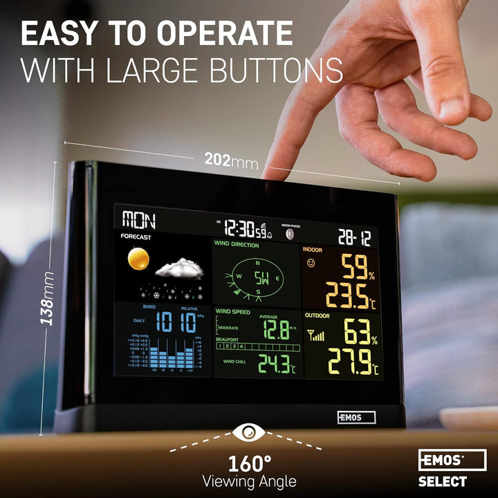 EMOS Wetterstation mit Windmesser und Regenmesser- System mit Farbdisplay, zur Wettervorhersage, für