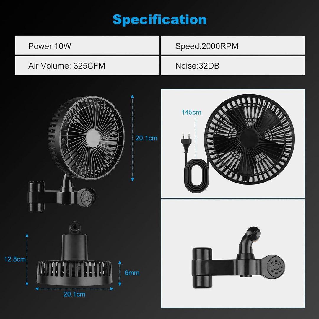 Pflanzenzelt Clip Ventilator 10W EC-Motor – 4 Geschwindigkeiten Oszillierend – 32 dB Leise Umluftven
