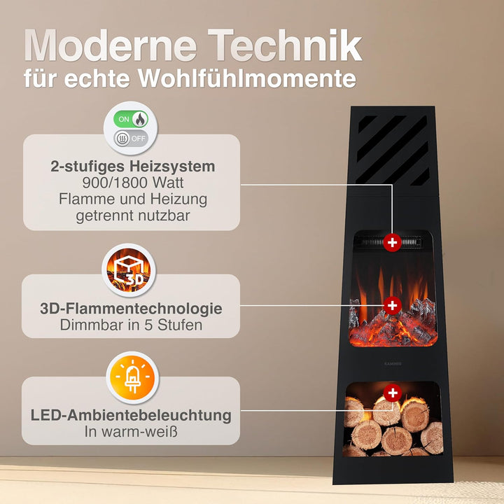 KAMINIO Elektrischer Gartenkamin Kai - Elektro Terrassenofen mit Heizung, 3D-Flammeneffekt, Holzfach