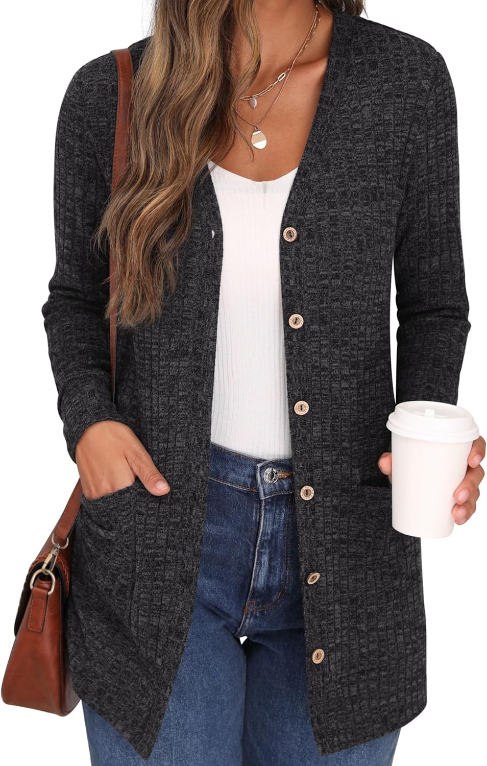 GRECERELLE Damen Leichte Strickjacke Lang mit Taschen und Knöpfen Long Elegant Cardigan V-Ausschnitt