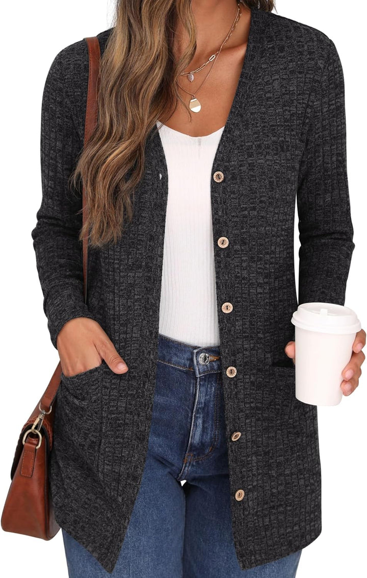 GRECERELLE Damen Leichte Strickjacke Lang mit Taschen und Knöpfen Long Elegant Cardigan V-Ausschnitt