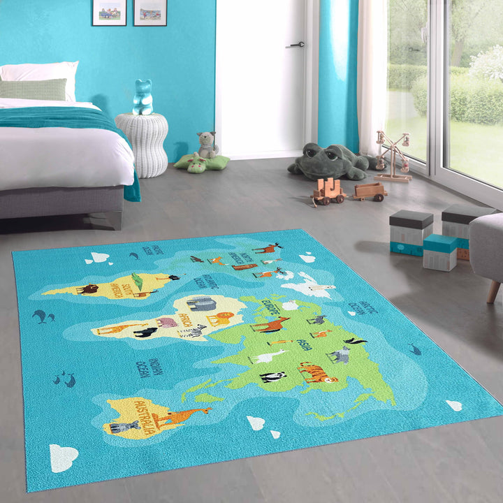 CARPETIA Lernteppich für Kinder „Tiere & Kontinente spielend Lernen“ Weltkarte türkis-blau, 140 x 20