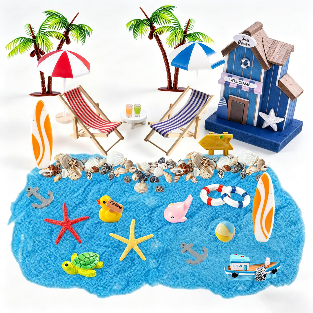 24 Stück Mini Strand Deko Set, Miniatur Deko Miniatur Strandlandschaft Zubehör mit Palme, Liegestuhl