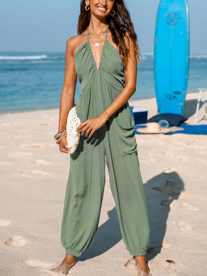CUPSHE Damen Jumpsuit Neckholder Ärmellos Rückenfrei Weites Bein Overall | Elastisches Oberteil, Pra