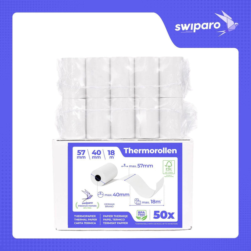 SWIPARO - Ec-Cash Thermorollen 57mm x 18m x 12mm - Kassenrollen -Thermopapier - Bonrollen für Bankom