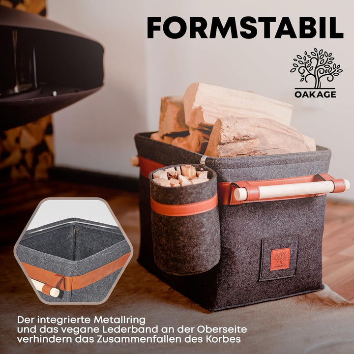 OAKAGE® Holzkorb für Kaminholz Gross mit Zündholzkorb [Integrierter Metallrahmen für Zusatzstabilitä