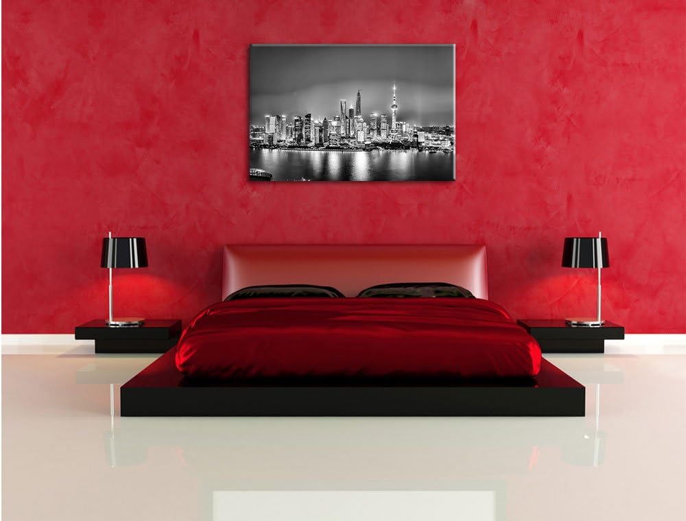 Pixxprint Monocrome, Shanghai Skyline, Format: 100x70 auf Leinwand, 100x70