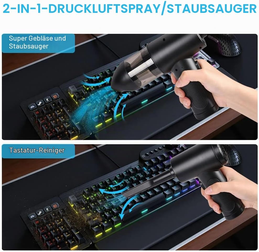 URAQT 2-in-1 Staubgebläse Druckluft, Staubsauger Tastatur Reinigungsset mit LED-Licht, 91000 U/min E