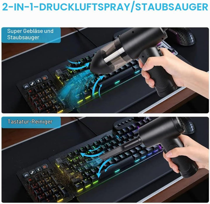 URAQT 2-in-1 Staubgebläse Druckluft, Staubsauger Tastatur Reinigungsset mit LED-Licht, 91000 U/min E