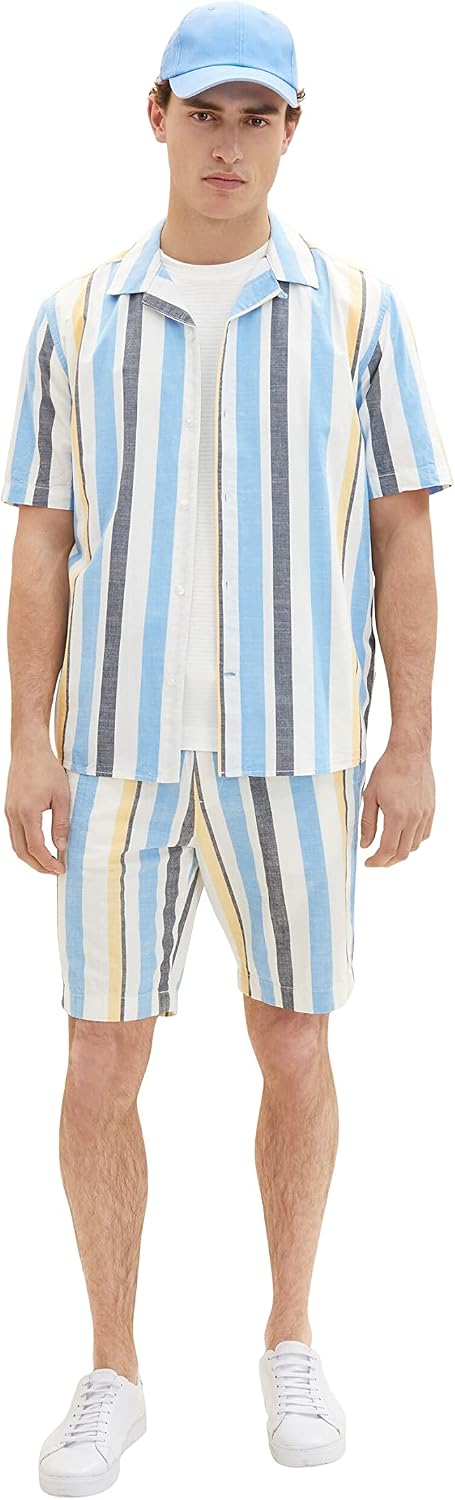 TOM TAILOR Herren Comfort Fit Kurzarm-Hemd mit Streifen L 31778 - Blue Multicolor Big Stripe, L 3177