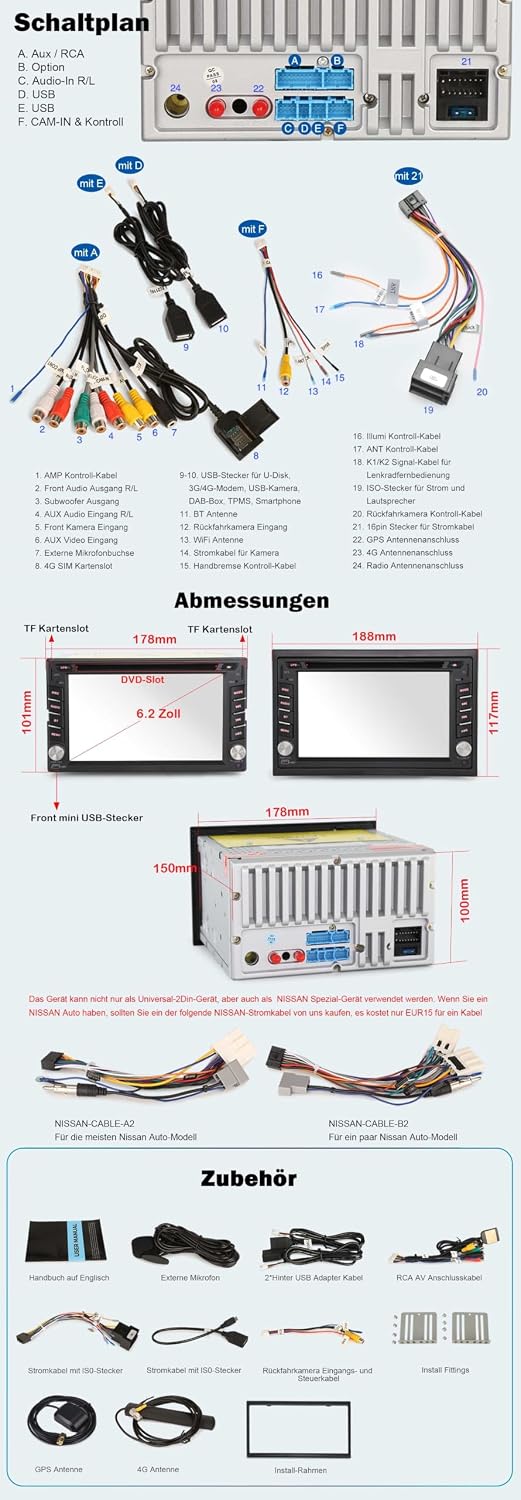 Erisin 4GB+64GB Android 16 Autoradio Bluetooth für Nissan &amp; 2 DIN Universal