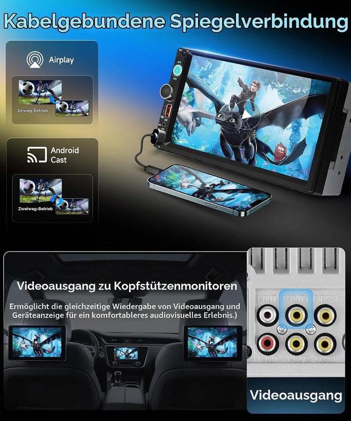VECHTEL 7 Zoll Autoradio mit Airplay Android Cast,FM Radio 2 Din mit Bluetooth,Mirror link,EQ,USB/TF