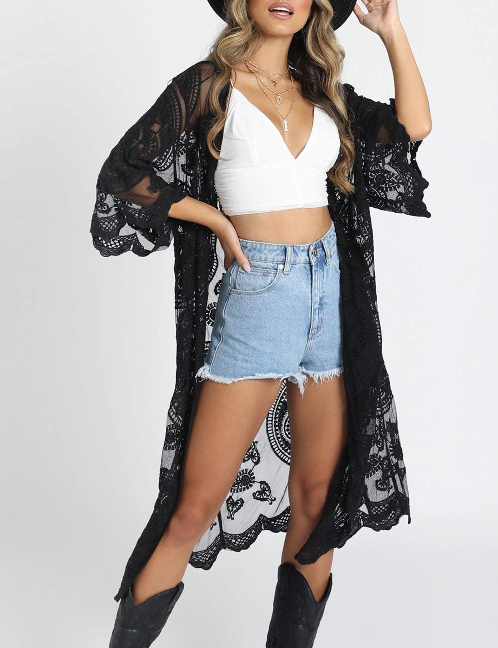 Bsubseach Badeanzug Cover Up für Frauen Lace Sheer Floral Kimono Cardigans Mesh Long Strand Dress E-