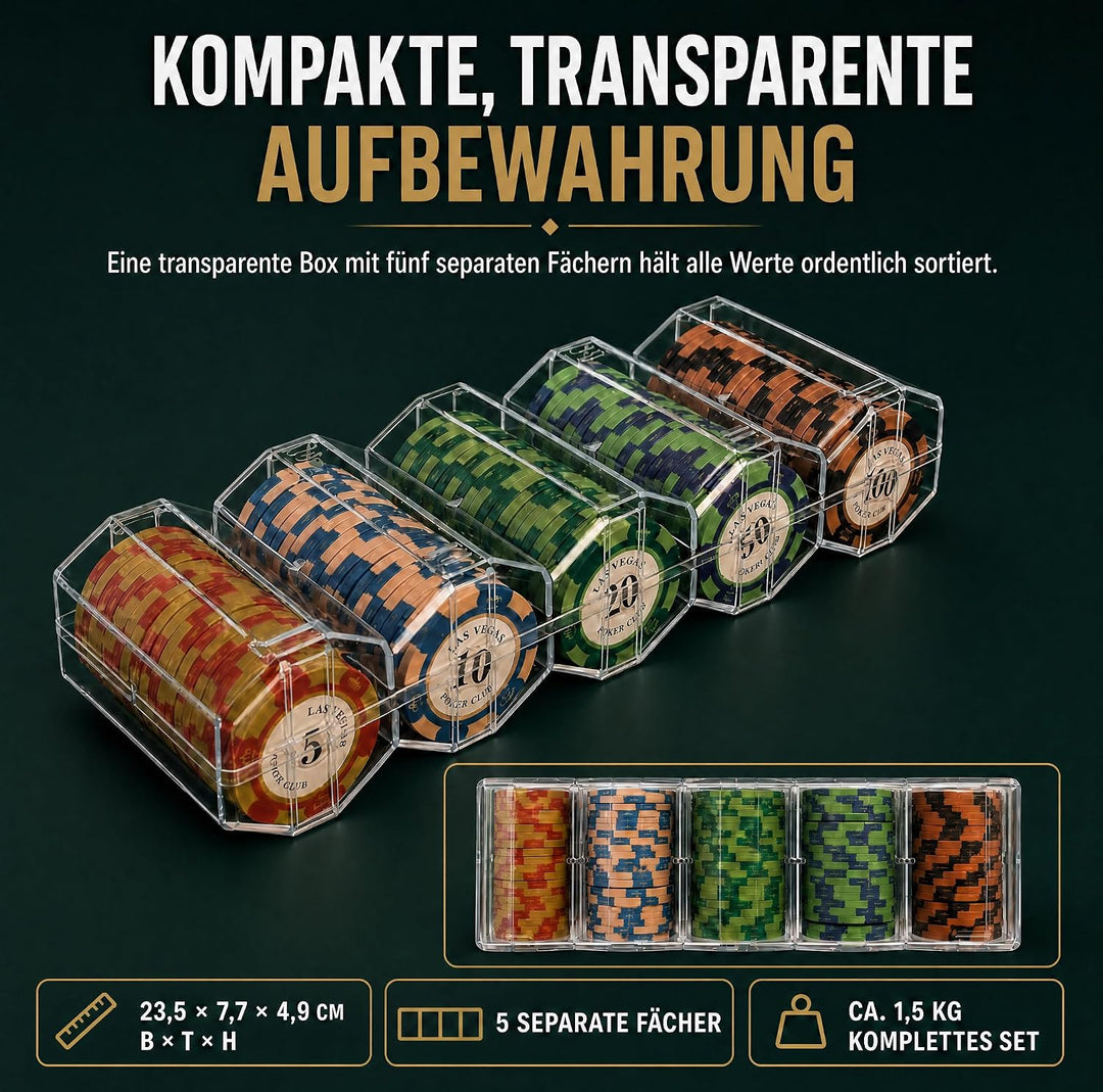 Pokerchip-Set mit 100 Tonchips mit Nennwert, geeignet für Blackjack und Casinospiele, 20 Chips pro N