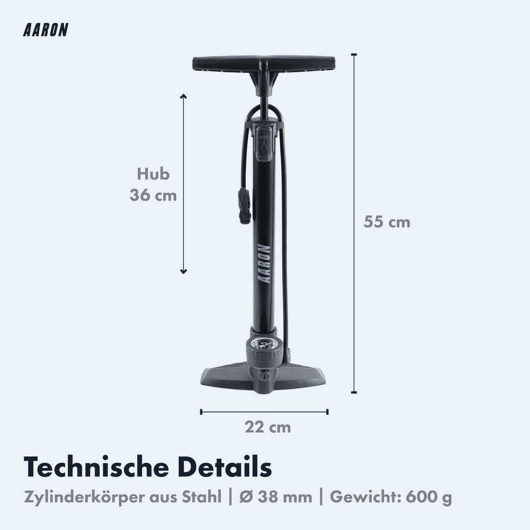 AARON AIR Fahrrad Standpumpe mit Manometer für alle Ventile, Hochdruck Fahrradpumpe Rennrad, Luftpum