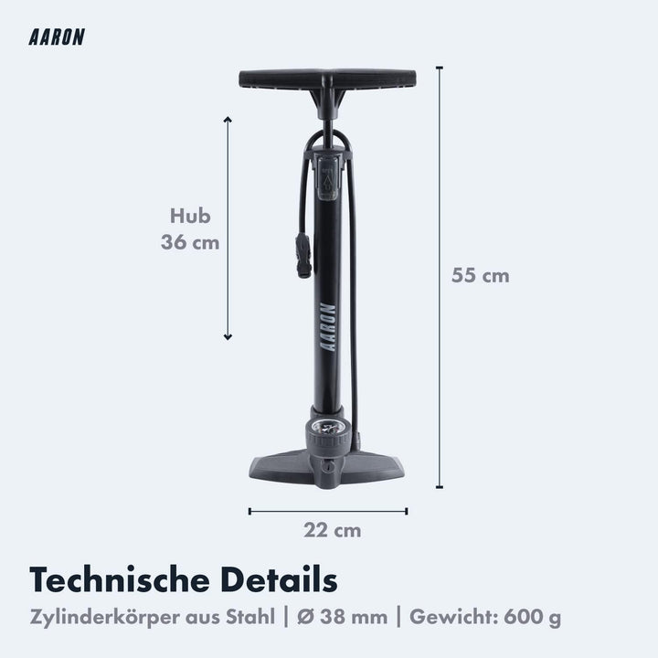 AARON AIR Fahrrad Standpumpe mit Manometer für alle Ventile, Hochdruck Fahrradpumpe Rennrad, Luftpum