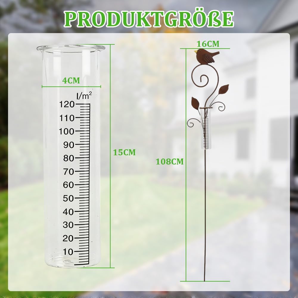 Regenmesser für Garten, 106cm Regenmesser Frostsicher mit Glas Messbecher, Niederschlagsmesser, Voge