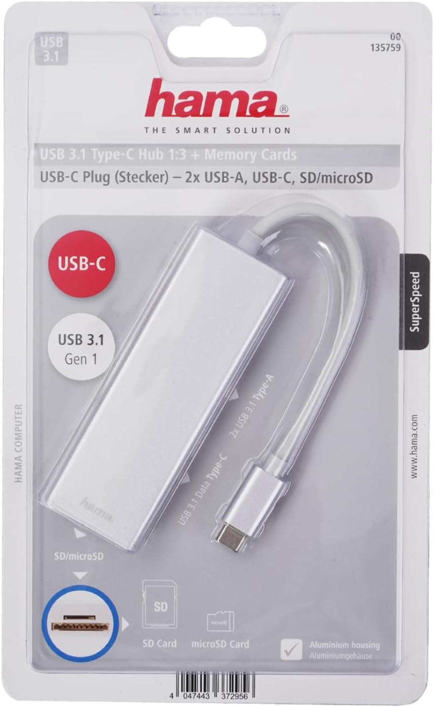 Hama USB 3.1 Type-C Hub, 3-fach, mit Kartenleser (2x USB-A, 1x USB-C, SD/SDHC/SDXC/microSD/microSDHC