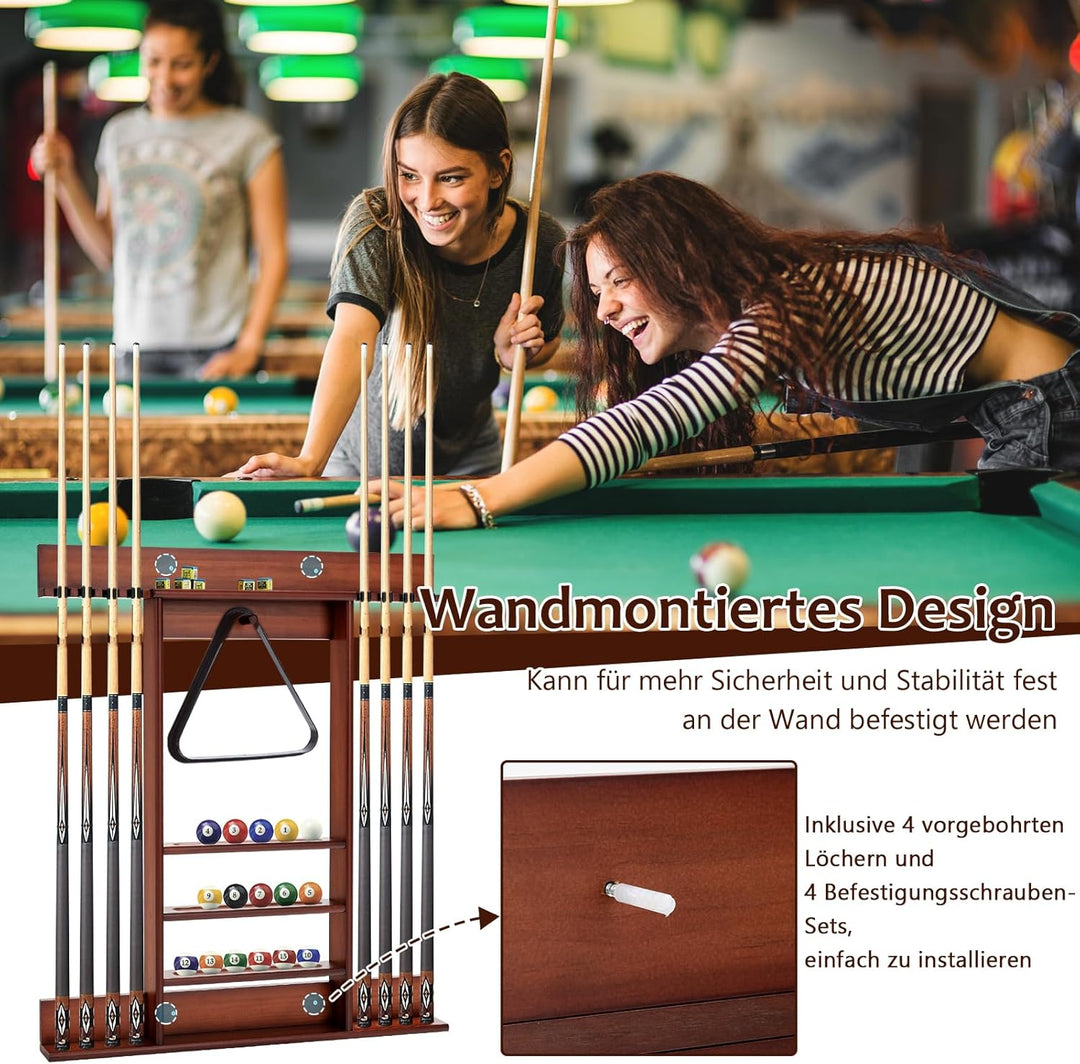GOPLUS Billardständer, Pool Queue Halter aus Kiefernholz mit 8 Queue-Stifte, 3-stufig, Ball Rack Hal