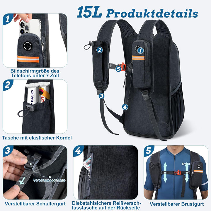 15L Wanderrucksack Herren Kleiner Rucksack Damen Leichter Daypack Tagesrucksack Faltbarer Trekkingru