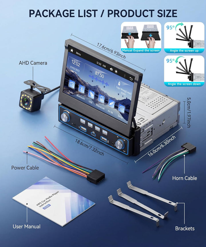 VECHTEL Autoradio 1 Din Carplay Android Auto Wireless mit 7 Zoll Manuell ausziehbarer Bildschirm mit