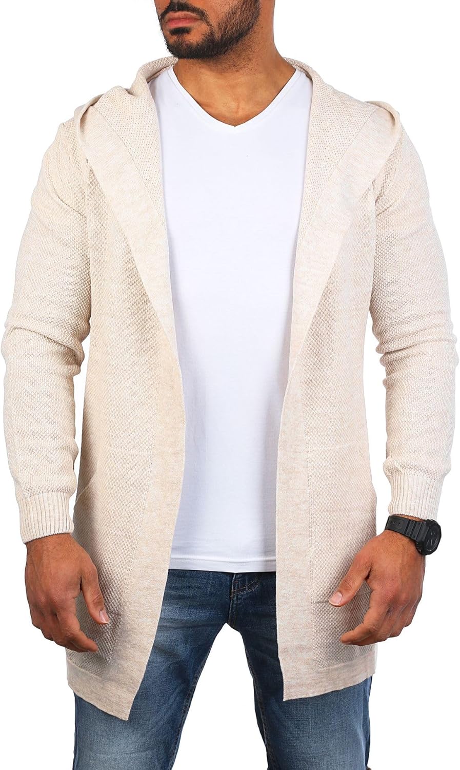 Carisma Herren Feinstrick Cardigan leichte Weste Strickjacke mit Kapuze Lange Passform Oversize Long