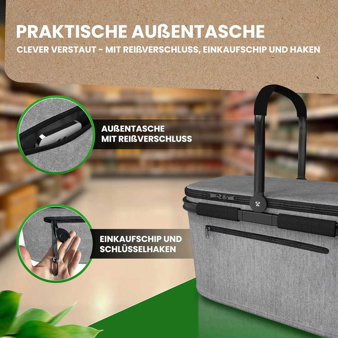 Thermo Einkaufskorb Kühltasche gross | isolierter Einkaufskorb mit Deckel, verstärktem Boden, Frontf