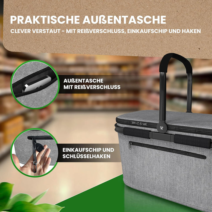 Thermo Einkaufskorb Kühltasche gross | isolierter Einkaufskorb mit Deckel, verstärktem Boden, Frontf