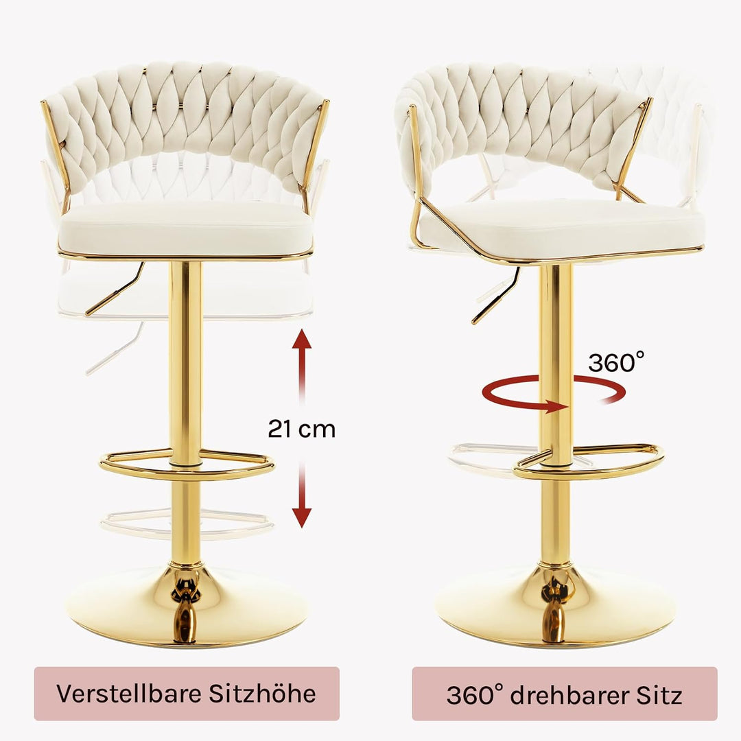 WOLTU Barhocker 2er Set, mit geflochtener Rückenlehne, Samthocker, Creme | Barstuhl 360° drehbar, hö