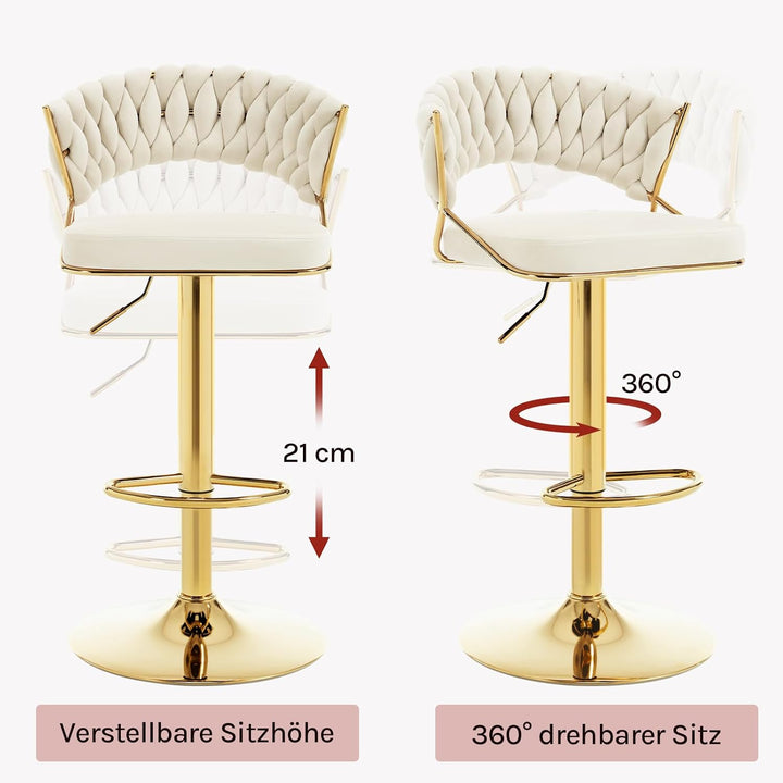 WOLTU Barhocker 2er Set, mit geflochtener Rückenlehne, Samthocker, Creme | Barstuhl 360° drehbar, hö
