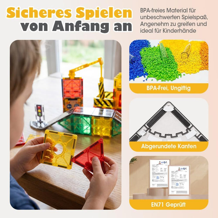 Playpals Magnetische Bausteine Stadt-Strassenset, 40-teilig mit Kran | STEM-Lernen, Verkehrszeichen,