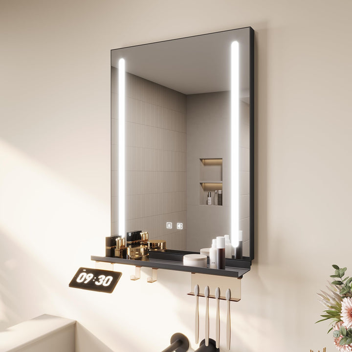 SONNI LED Badspiegel 50x70cm + 50cm Ablage, Touch Badezimmerspiegel mit Beleuchtung, 3 Lichtfarben,