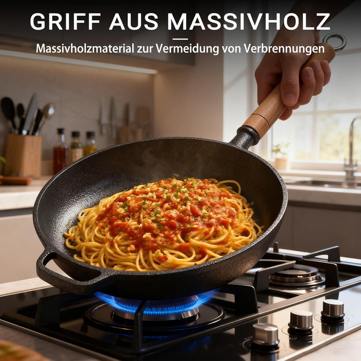 Gusseisen Pfanne 29cm Bratpfanne Grillpfanne: Ohne Beschichtung Induktion Pfanne Griff aus Massivhol