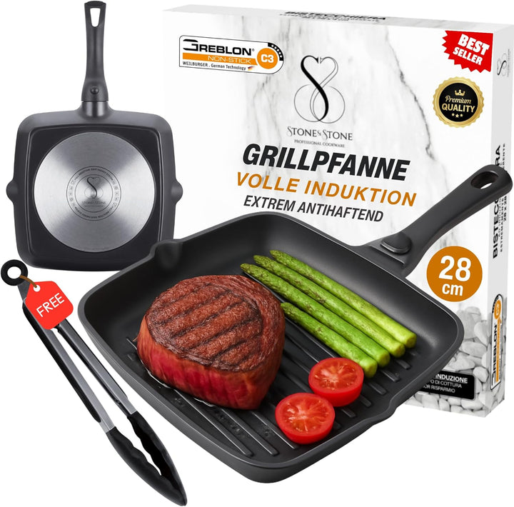 Stone&Stone Quadratische Grillpfanne 28x28 cm | Profi Bistecchiera | Deutsche Antihaftbeschichtung G