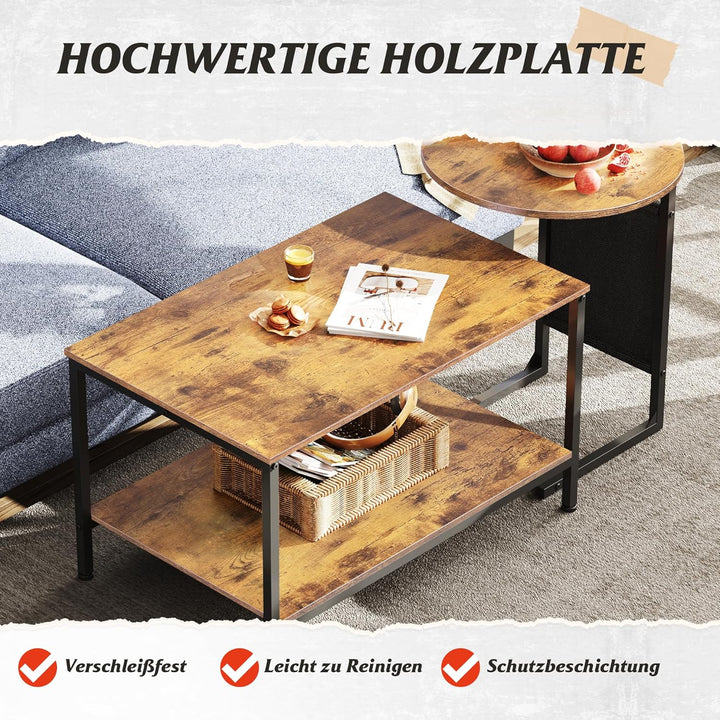 WLIVE Couchtisch Rund mit 2 Ebenen, Wohnzimmertisch Holz, Stubentisch mit Metallrahmen, für Wohnzimm