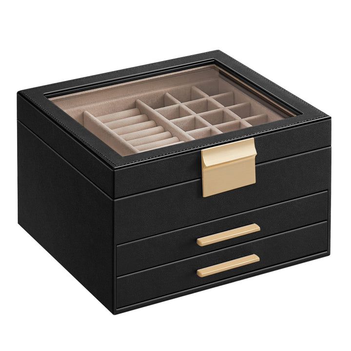 SONGMICS Schmuckkästchen, Schmuckkasten 3 Ebenen, Schmuckbox mit Glasdeckel, 2 Schubladen, Schmuckau