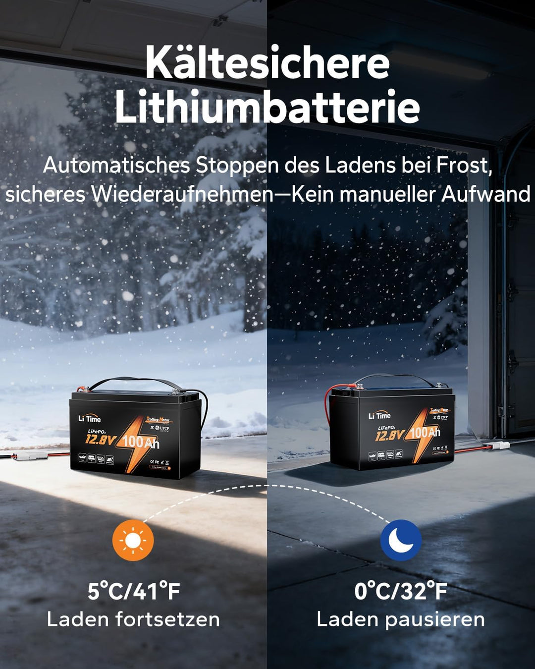LiTime 12V 100Ah LiFePO4 Trolling Motor-Batterie mit Tieftemperaturschutz - 1280Wh Kapazität & 4000+