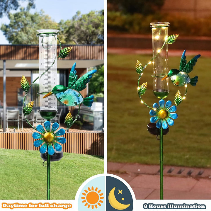 MUMTOP Regenmesser für den Aussenbereich – solarbetriebener Garten-Regenmesser, Metall-Kolibri-Blume