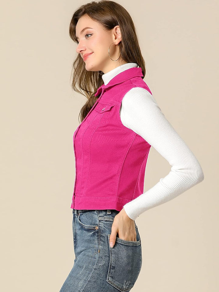 Allegra K Damen Jeansweste Ärmellos Knopfleiste Denim Rever Jacke Westen mit Taschen S Fuchsie, S Fu