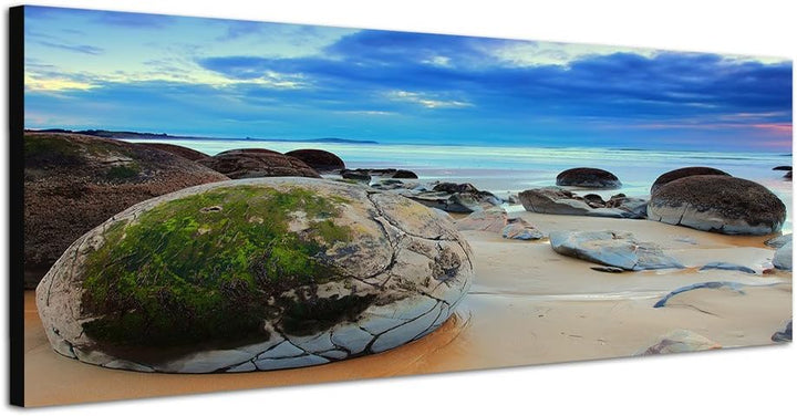 Paul Sinus Art Panoramabild auf Leinwand und Keilrahmen 150x50cm Neuseeland Strand Meer Steine Dämme
