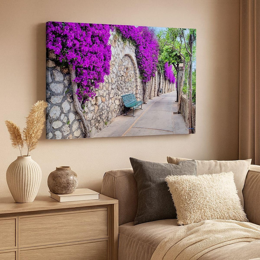 Bilder auf Leinwand 100x70cm Leinwandbild Pflanzen Bank Strasse Sommer Gross Wanddeko Bild Schlafzim