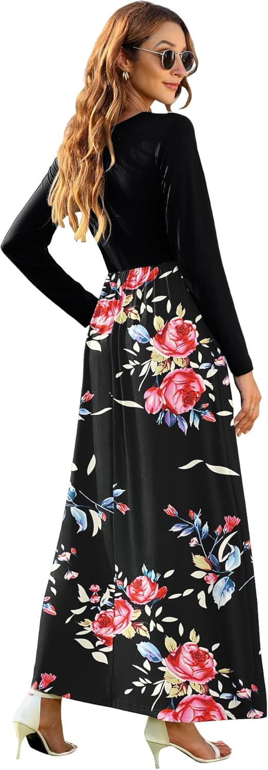 AUSELILY Damen Langarm Maxikleider Lässige Langkleider mit Taschen Winter, Rose Schwarz
