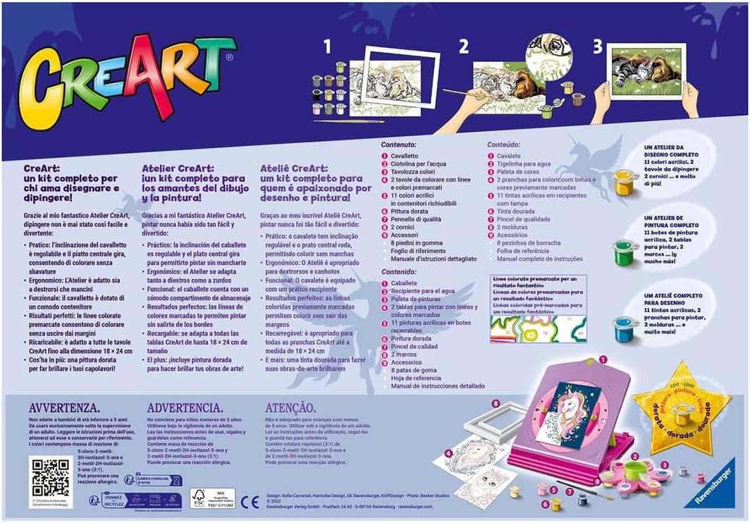 Ravensburger - Meine Fantastische Atelier CreArt, Set mit Ständer Einhorn Thema, Malen nach Zahlen,