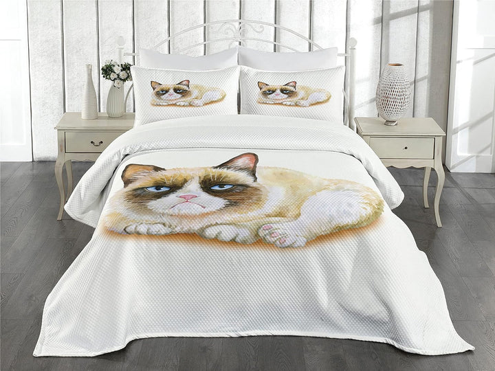 ABAKUHAUS Tier Tagesdecke Set, Grumpy Verärgerte Katzen-Liebe, Set mit Kissenbezügen Waschbar, für D