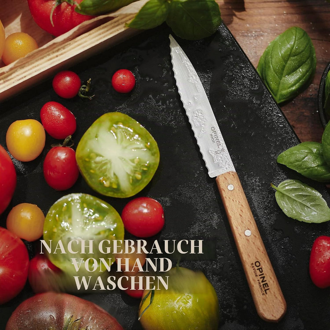 Opinel Erwachsene Kochmesser Küchenmesser No. 113, rostfreier Sandvik-Stahl, Sägezahnung, hellblauer