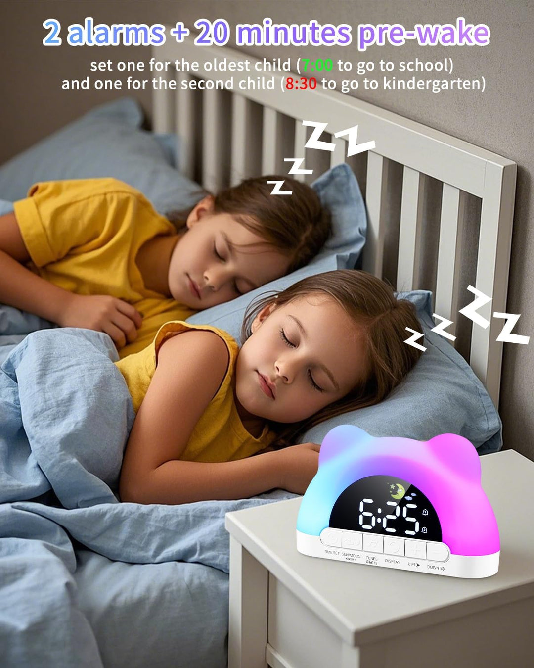 PERMUST Wecker Kinder 10 Weckerlärme, 11 RGB-Farben, 2 Alarme + Snooze, Schlaftrainer, Einstellbare
