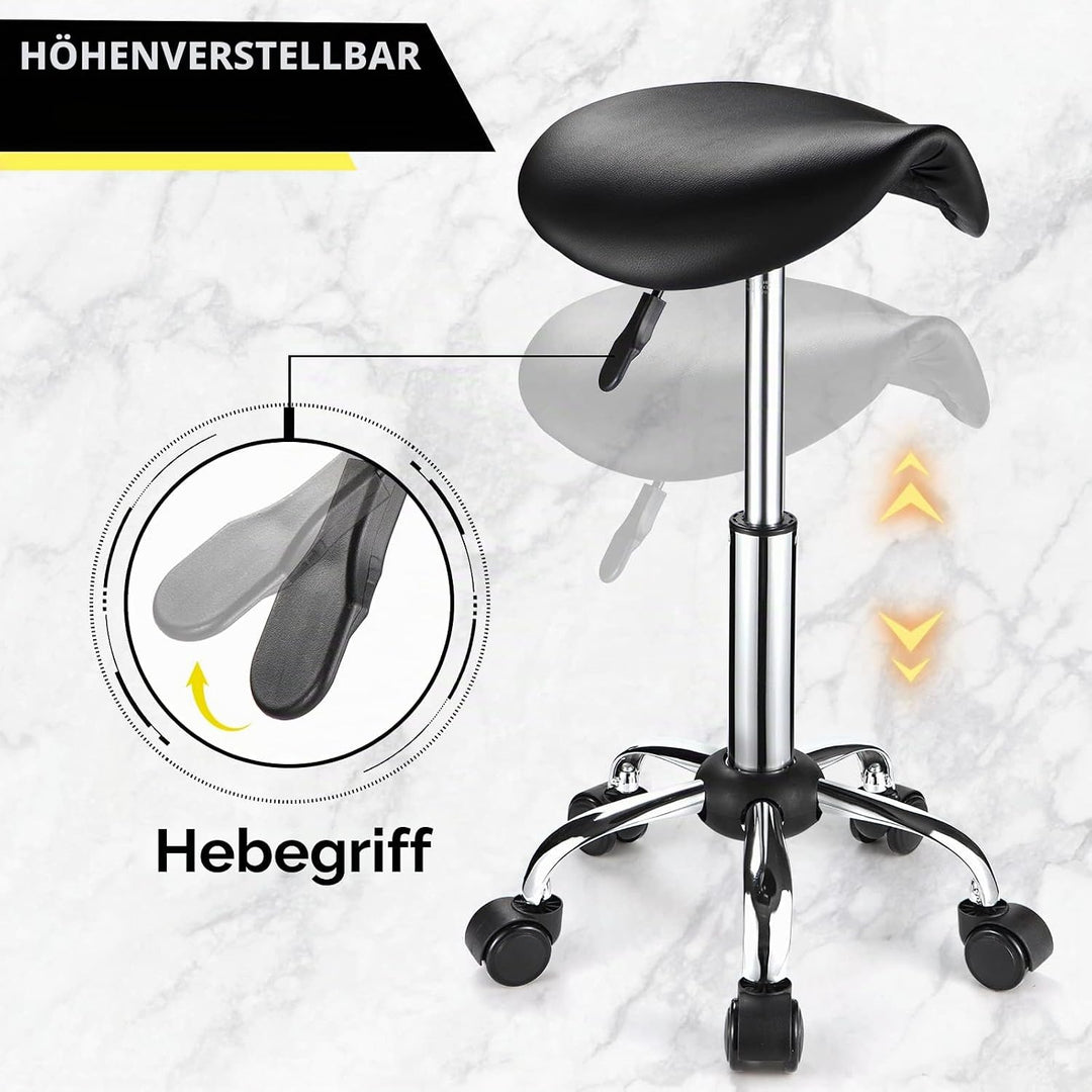 FNZIR Sattel Rollhocker mit Rädern PU Leder Höhenverstellbare Drehhocker Stuhl Schwarz